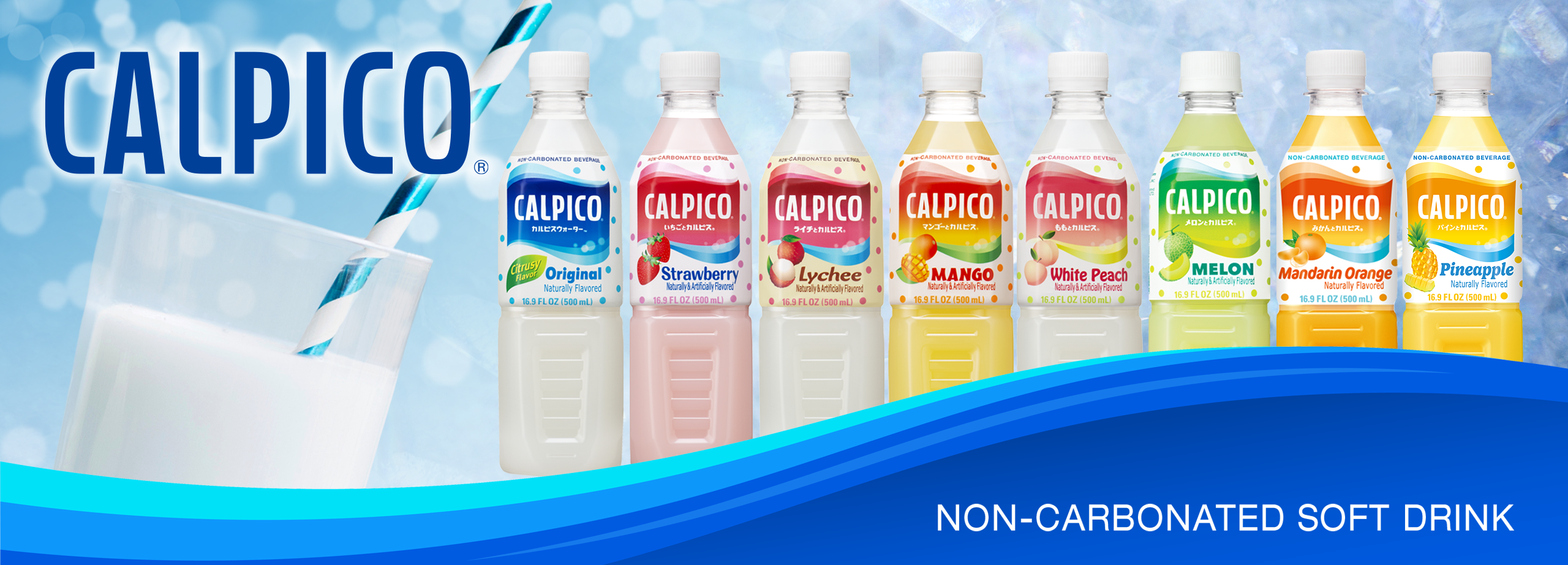 Promotional banner featuring CALPICO non-carbonated soft drink with a lineup of bottles in Original, Strawberry, Lychee, Mango, White Peach, Melon, Mandarin Orange, and Pineapple flavors. A glass of milky white drink with a blue-striped straw appears on the left against a cool blue background, with “NON-CARBONATED SOFT DRINK” text displayed at the bottom.