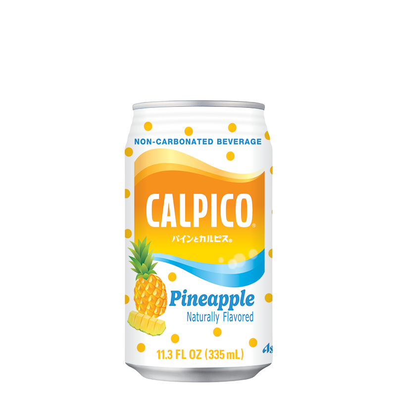 CALPICO Pineapple flavored non-carbonated beverage can (11.3 fl oz / 335 mL) with orange and yellow wave design, pineapple illustration, and yellow polka dots on a white background.