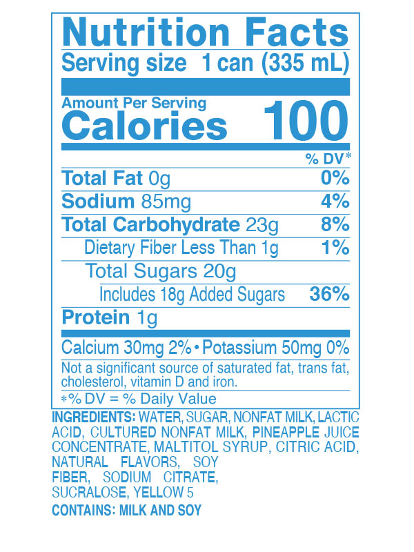 Nutrition Facts label showing serving size 1 can (335mL), 100 calories per serving. Contains 0g fat, 85mg sodium, 23g total carbohydrates, 20g total sugars (18g added sugars), 1g protein. Ingredients include water, sugar, nonfat milk, pineapple juice concentrate, and sucralose. Contains milk and soy.