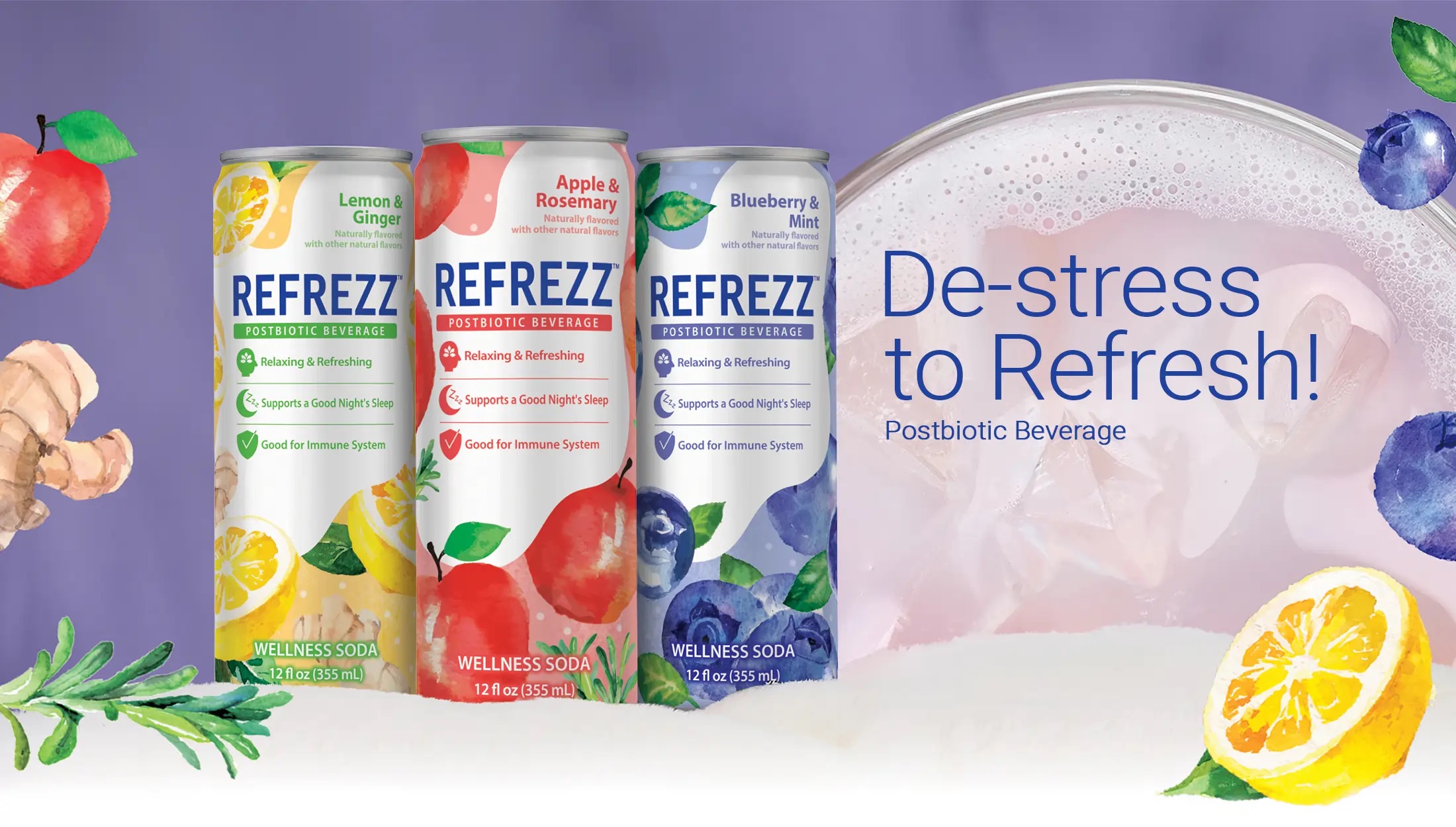 Refrezz Postbiotic Beverage desktop header banner featuring three flavor cans and the slogan 'De-stress to Refresh!'.