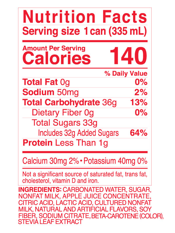 Nutrition Facts panel for Calpico Soda Apple showing 140 calories and 36g of total carbohydrates per 335 mL can.