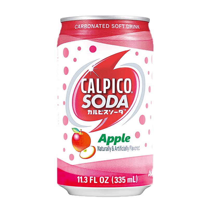 A 11.3 FL OZ (335 mL) can of Calpico Soda Apple sparkling drink.