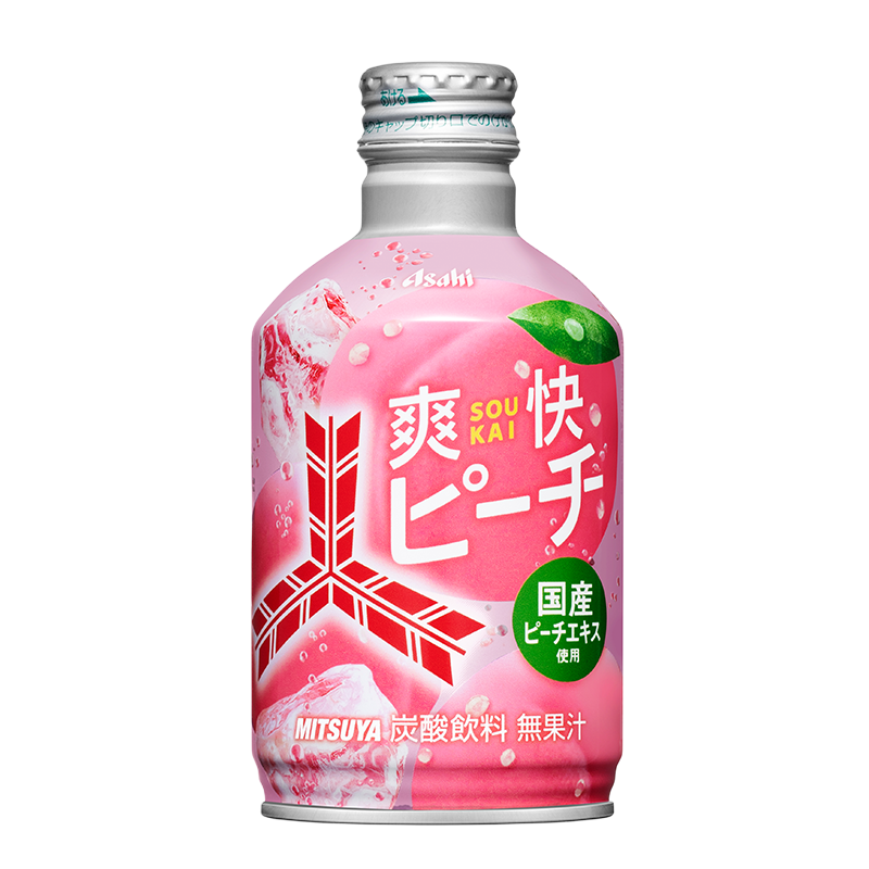 A bottle of Asahi Mitsuya Soukai Peach sparkling drink.