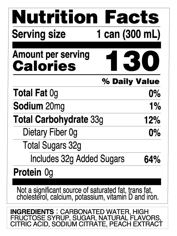 Nutrition Facts panel for Mitsuya Peach showing 130 calories and 33g of total carbohydrates per 300 mL can.