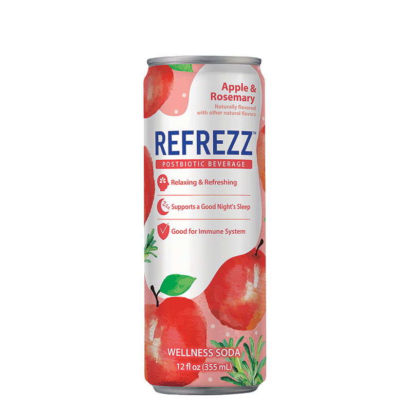 A can of Refrezz Apple & Rosemary postbiotic beverage with a red and green label featuring fresh apples.