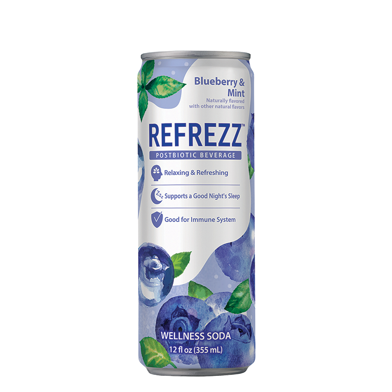 A bottle of Refrezz Blueberry sparkling beverage with a blue label featuring fresh blueberries.