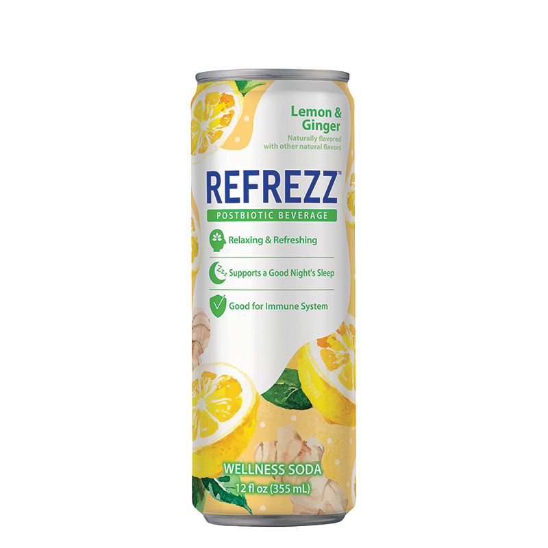 A can of Refrezz Lemon & Ginger Postbiotic Wellness Soda.