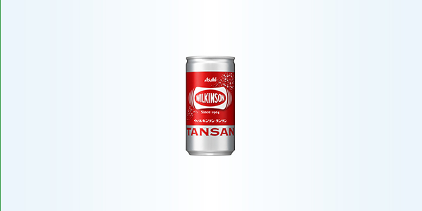 A silver and red can of Asahi Wilkinson Tansan carbonated water centered against a light blue patterned background.