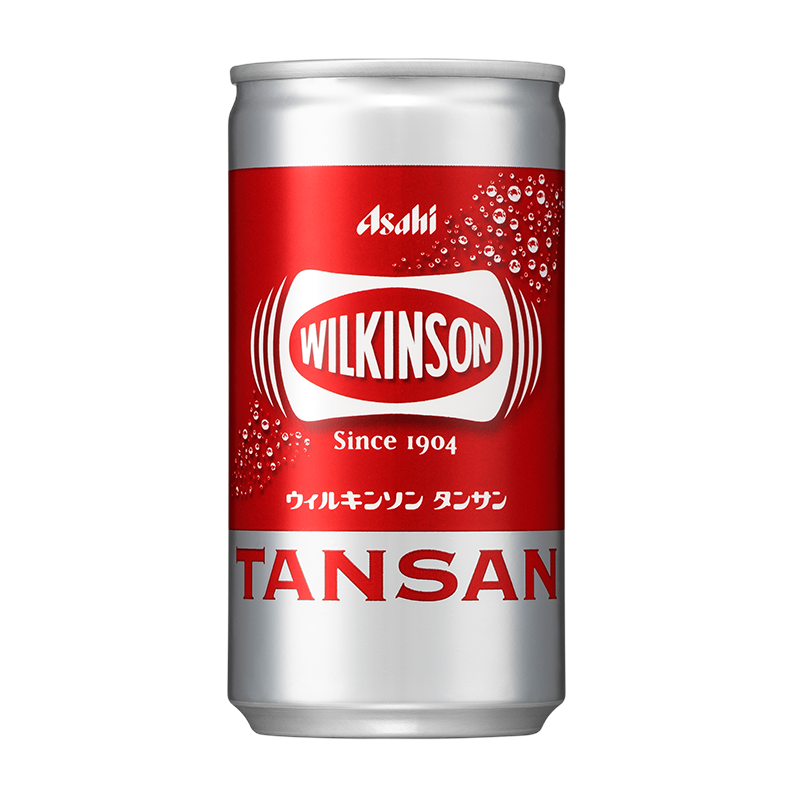 A silver and red can of Asahi Wilkinson Tansan carbonated water on a transparent background.